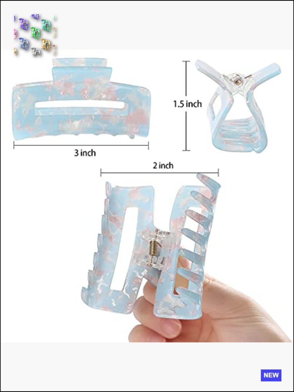 Hair Claw Clips Rectangle Shape 3 Inch Anti-Slip Teeth for Thick Hair 8 Pack - Picture 2 of 7